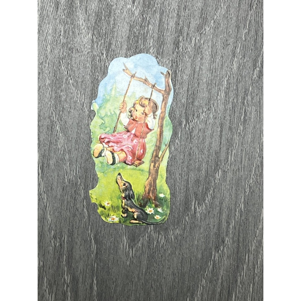 Vintage Die-Cut Scrap Girl on Swing & Dachshund Dog Illustration Ephemera